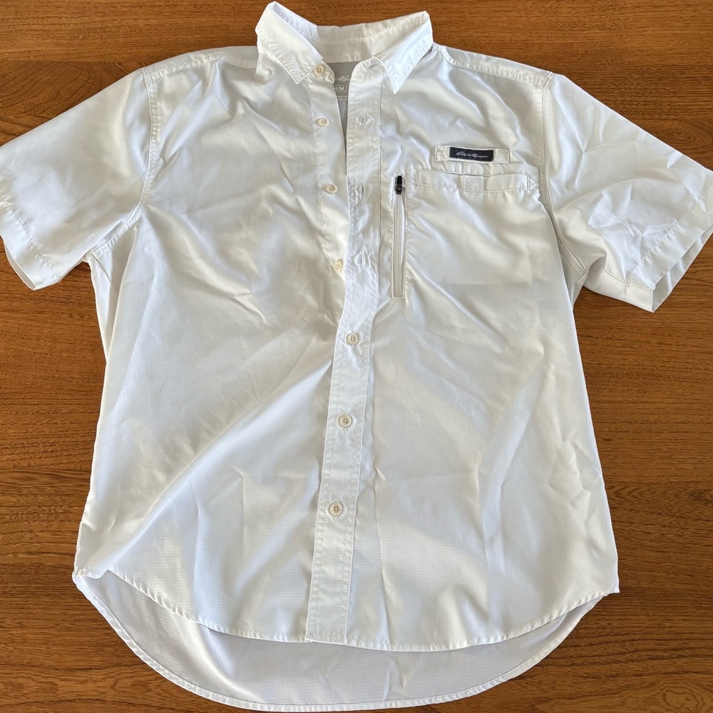 Eddie Bauer short sleeve collar button down shirt fishing white polyester small